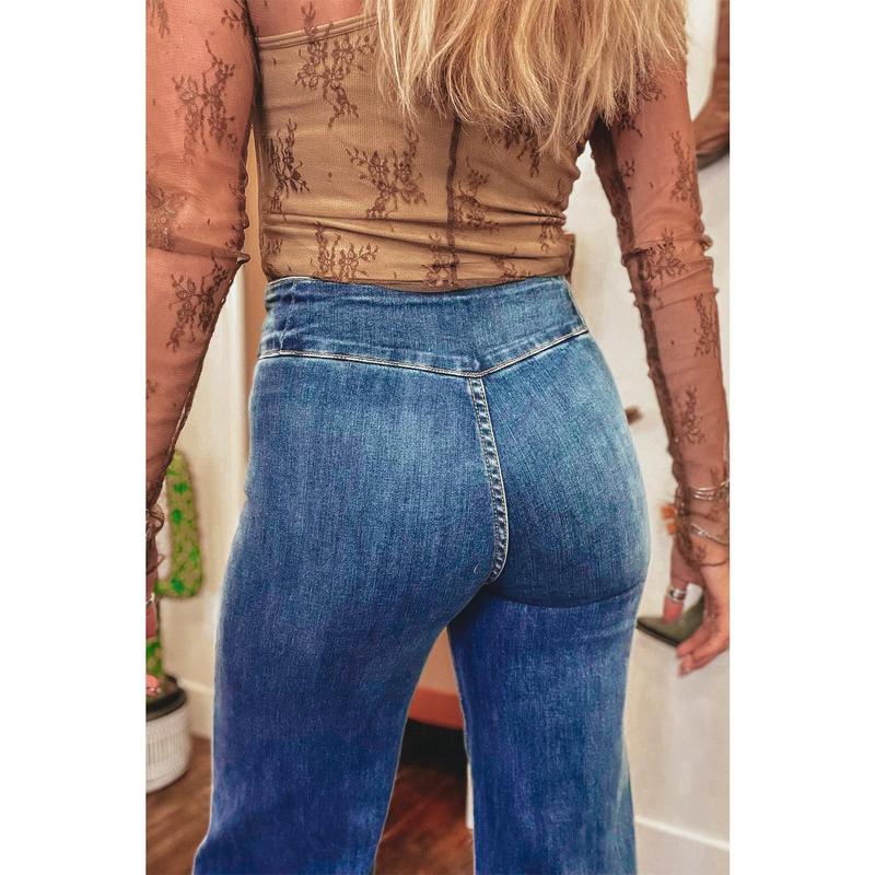 Sail Blue High Waist Button Fly Seamed Raw Hem Flare Jeans